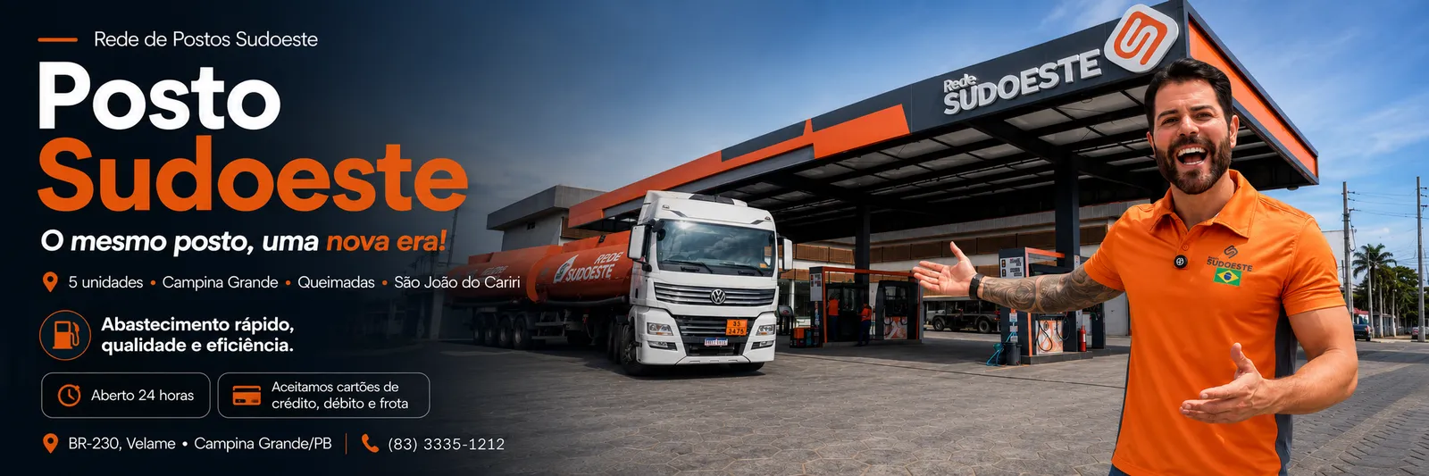 Posto Sudoeste aberto 24 horas na BR-230 em Campina Grande: combustível, pousada e convênio frota